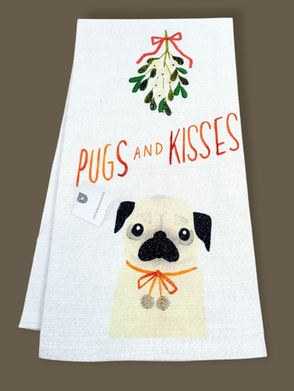 NWT Anthropologie x Quill & Fox PUGS AND KISSES Holiday Christmas Kitchen Towel